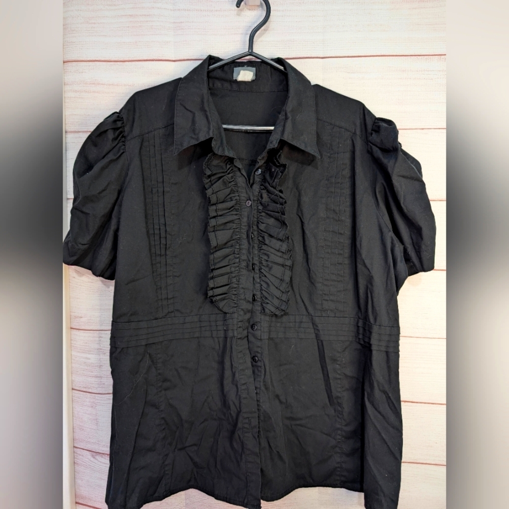 Euc Dots Ruffle Front Blouse With Cinched Rouched Puffy Sleeves Size Xl